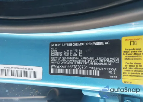 2015 Mini Hardtop Cooper from USA, damaged, VIN WMWXS5C55FT830751
